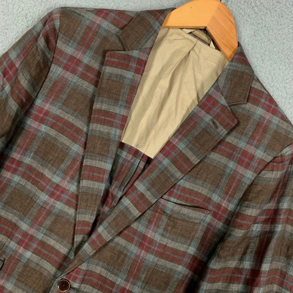Banana Republic Plaid Linen Blazer Mens 40R Heritage Newport Khaki Brown Jacket